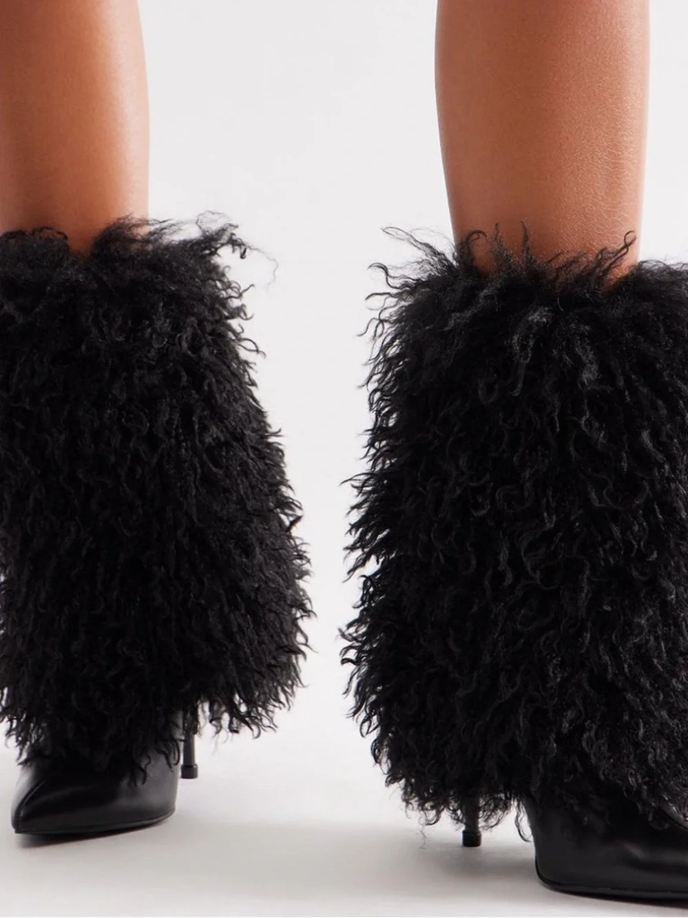 Black Faux Fur Pointed-Toe Ankle Booties